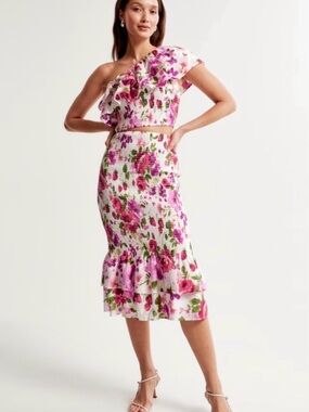 Abercrombie Floral Smocked Midi Skirt in Pink
